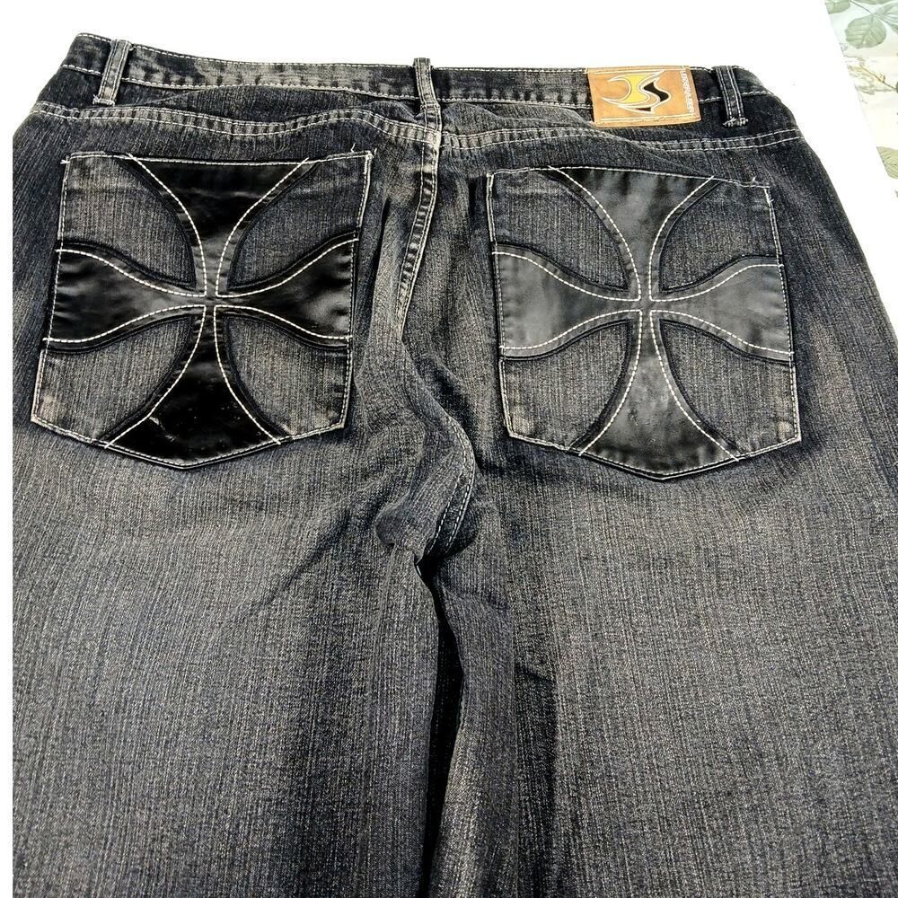 Jean Station Men's Black Demin Shorts with Leather Pockets - Size 40 - Picture 2 of 4